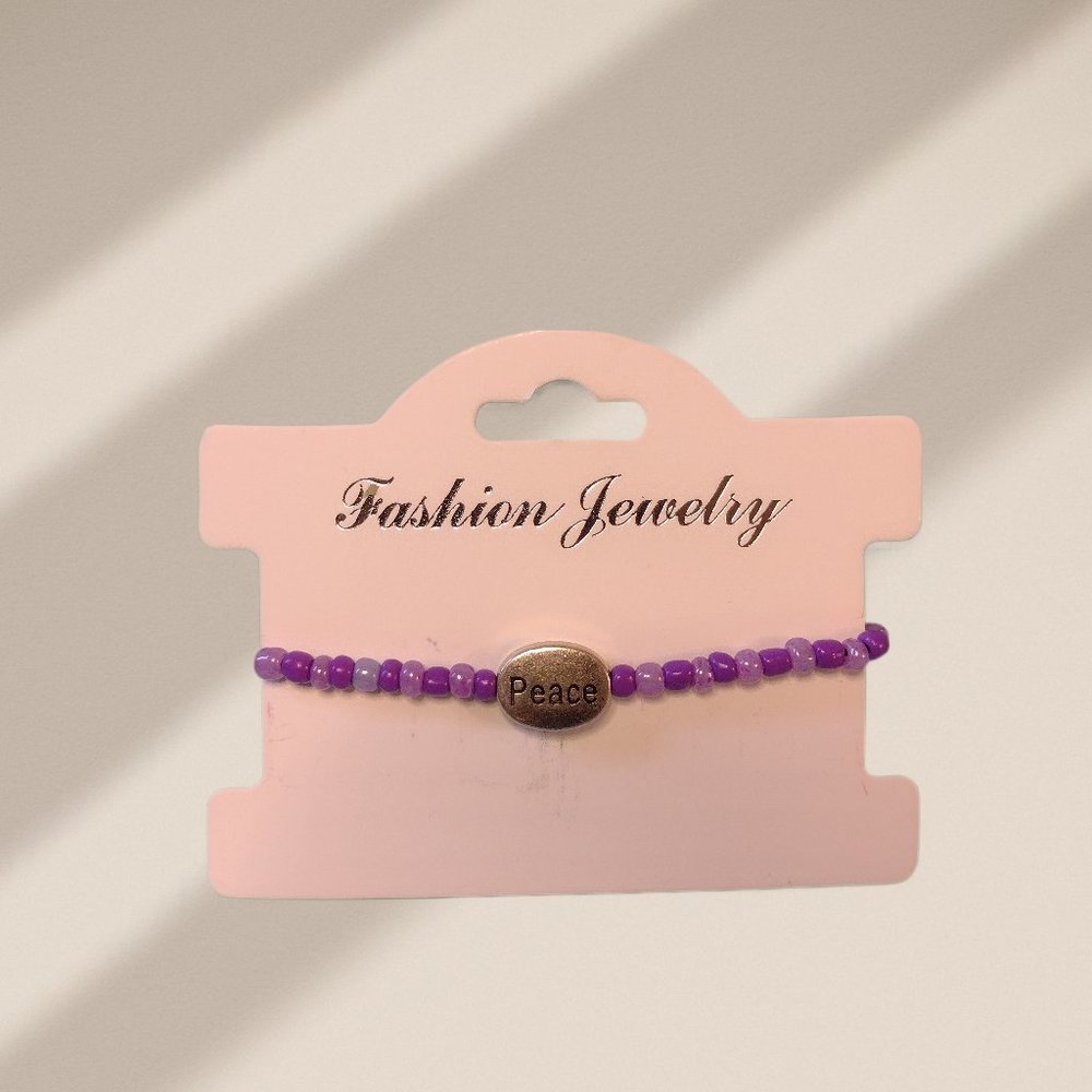 Handmade Beaded Peace Bracelet - Purple - Stretch - Adjustable